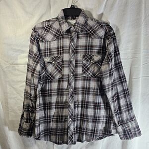 Wrangler Western Shirt Men’s Large Black Plaid Pearl Snap Long Sleeve Stitch